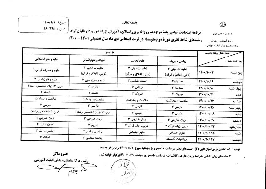 برنامه امتحانات نهایی دی 1400  پایه دوازدهم اعلام شد