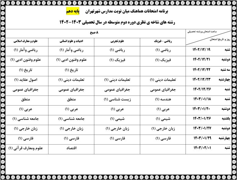 برنامه امتحانات میان نوبت تهران -دهم یازدهم دوازدهم(1403-1402)