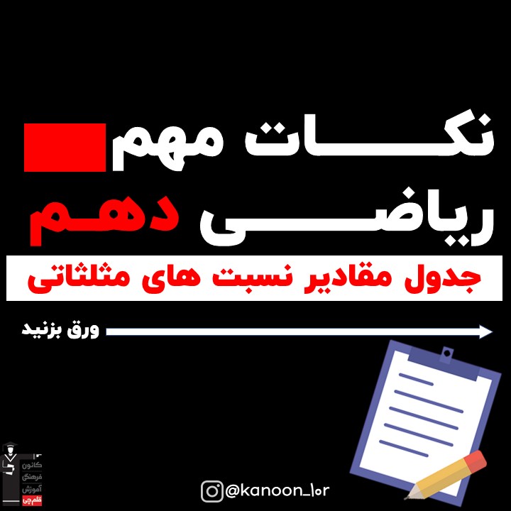 خلاصه نکات جدول مقادیرنسبت‌های مثلثاتی ریاضی دهم