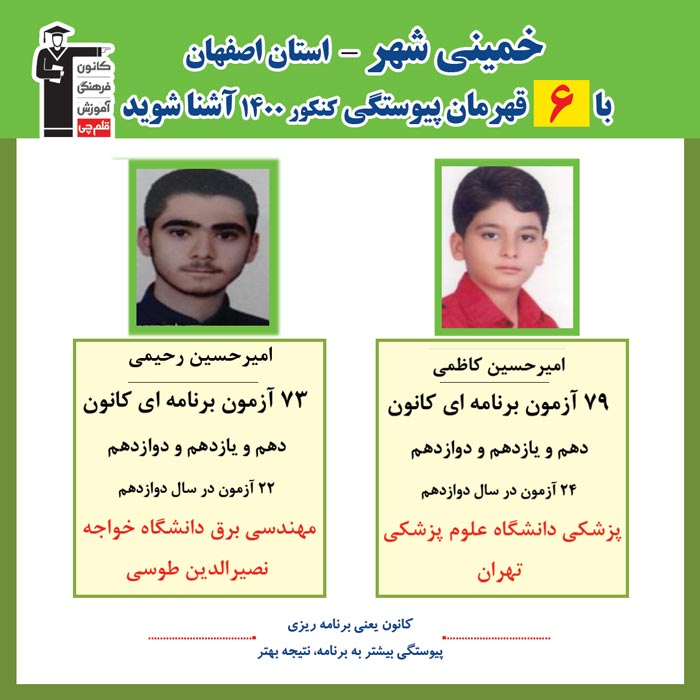 با 6 نفر قهرمانان پیوستگی خمینی شهر درکنکور 1400 آشنا شوید