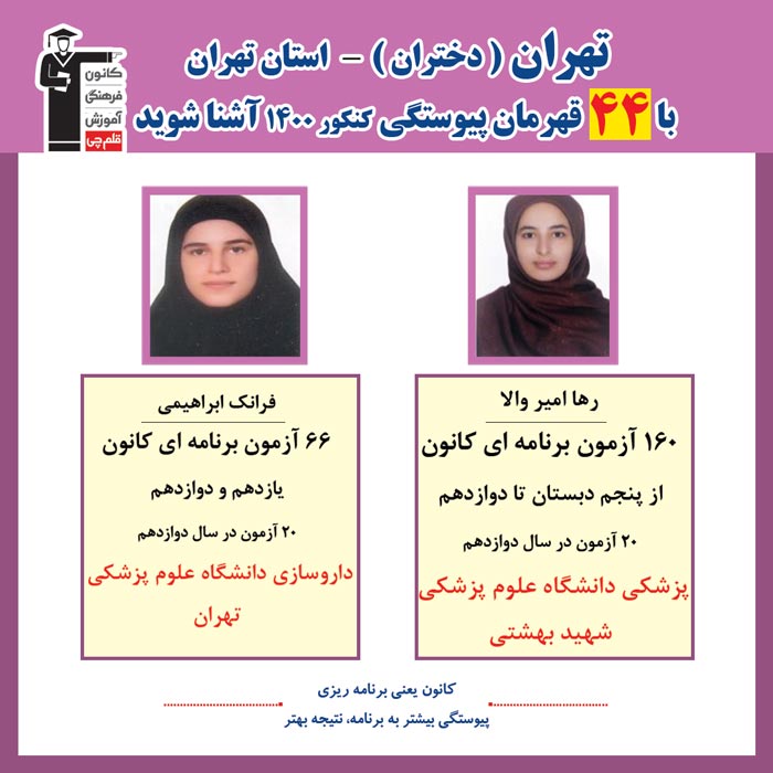 با 44 نفر قهرمانان پیوستگی دختران تهران درکنکور 1400 آشنا شوید