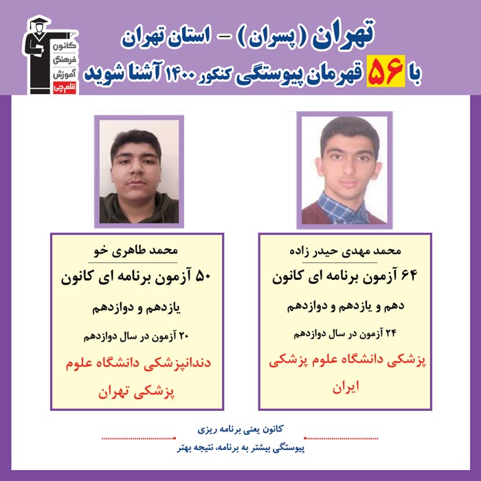 با 56 نفر قهرمانان پیوستگی پسران تهران درکنکور 1400 آشنا شوید