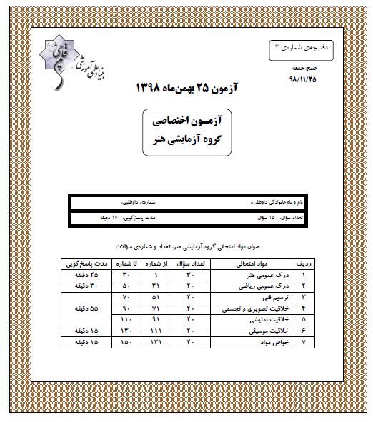 ویژگی‌های آزمون 25 بهمن گروه هنر