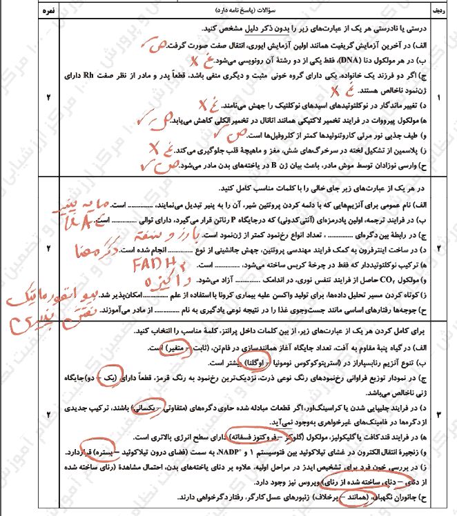 پاسخ امتحان نهایی زیست شناسی دوازدهم