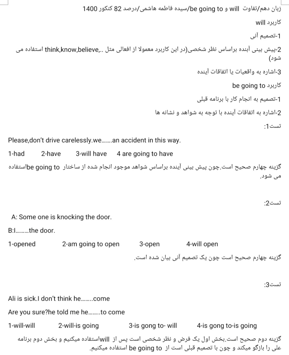 تفاوت will  و be going to_زبان دهم_سیده فاطمه هاشمی