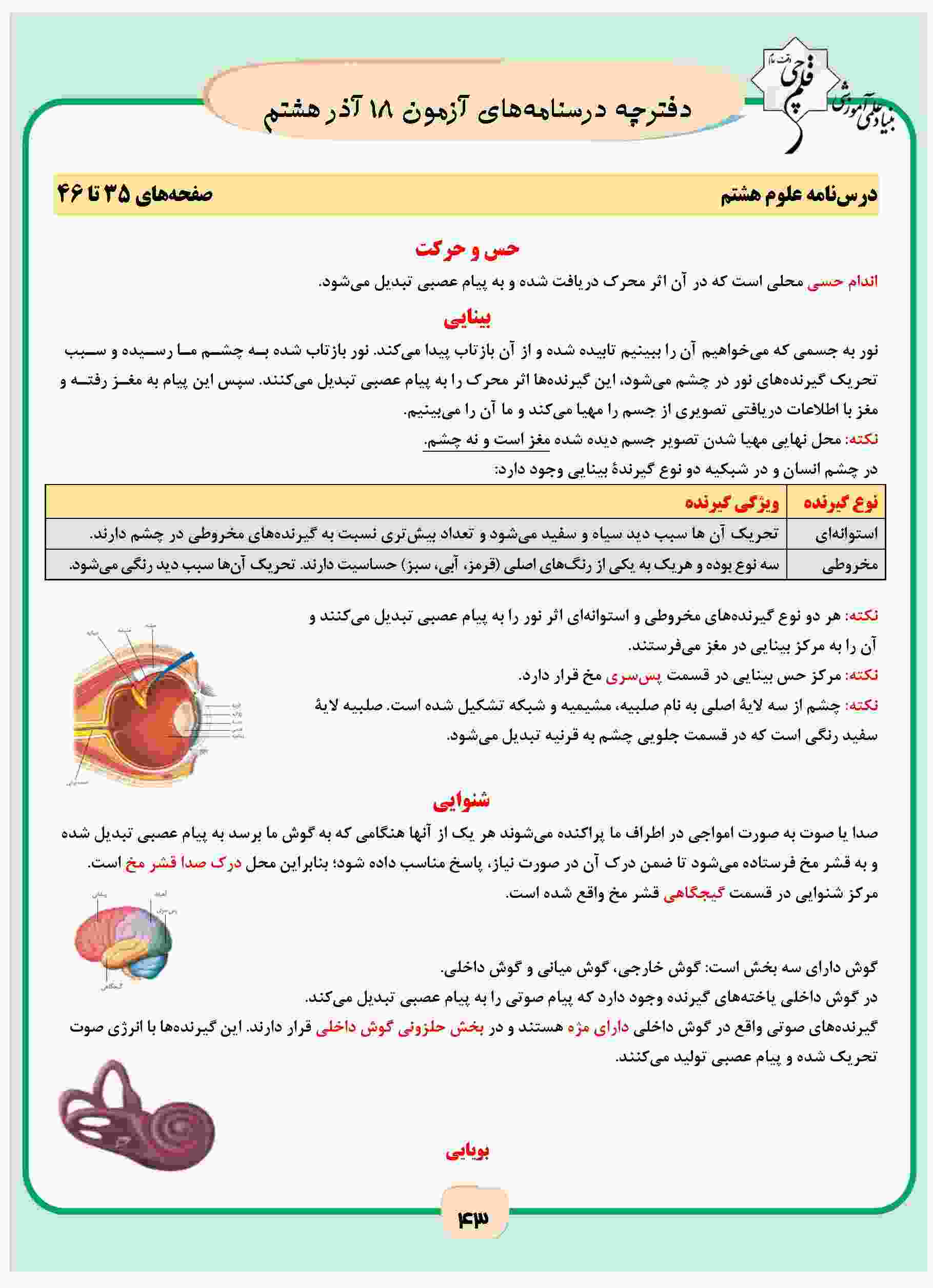 حس و حرکت- علوم هشتم-چکیده مطالب مهم-شیدا اسماعیل نیا