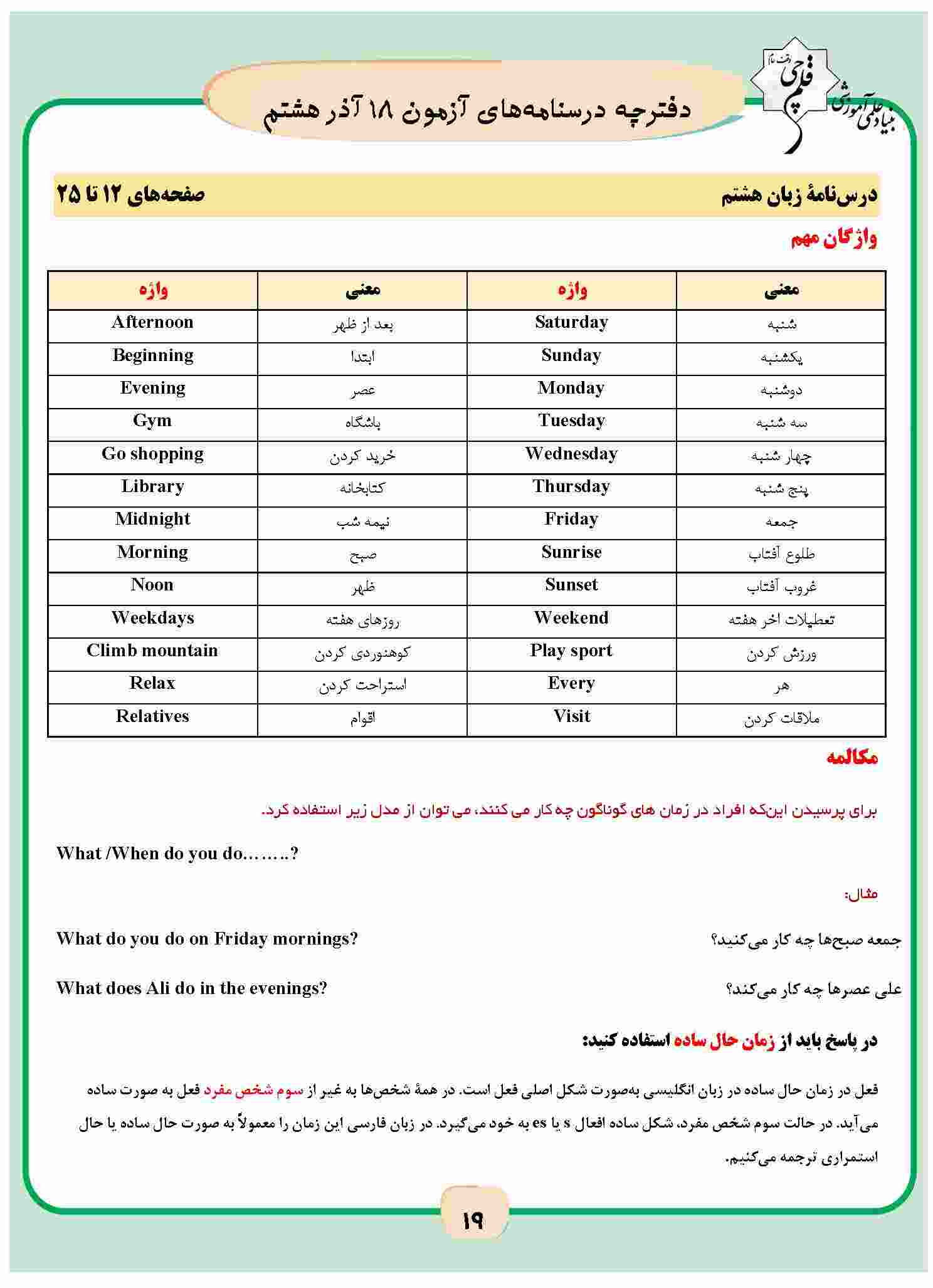 حال ساده-زبان هشتم-درسنامه-شیدا اسماعیل نیا