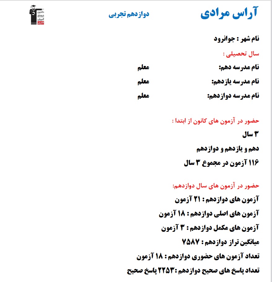 آراس مرادی؛ نمودار پیشرفت در 3سال، 2253پاسخ صحیح