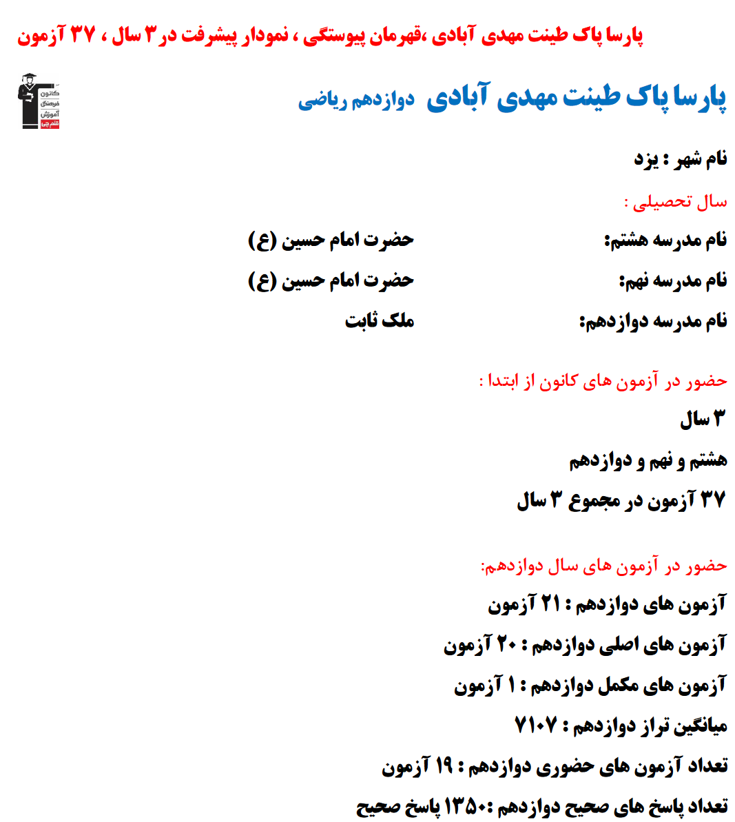پارسا پاک طینت مهدی آبادی؛ نمودار پیشرفت در 3 سال،1350 پاسخ صحیح