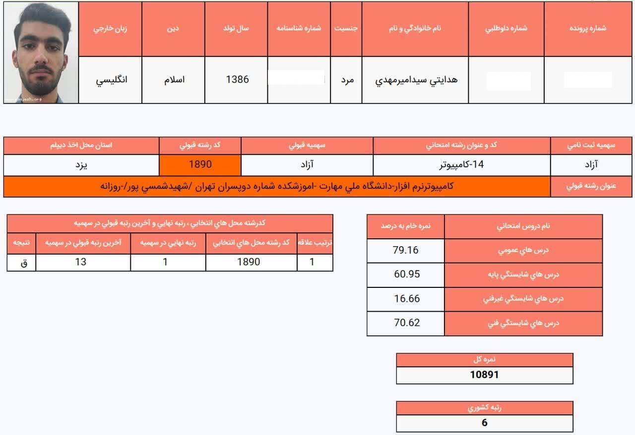 گفت‌وگو با سیدامیرمهدی هدایتی رتبه  6 کشوری رشته کامپیوتر
