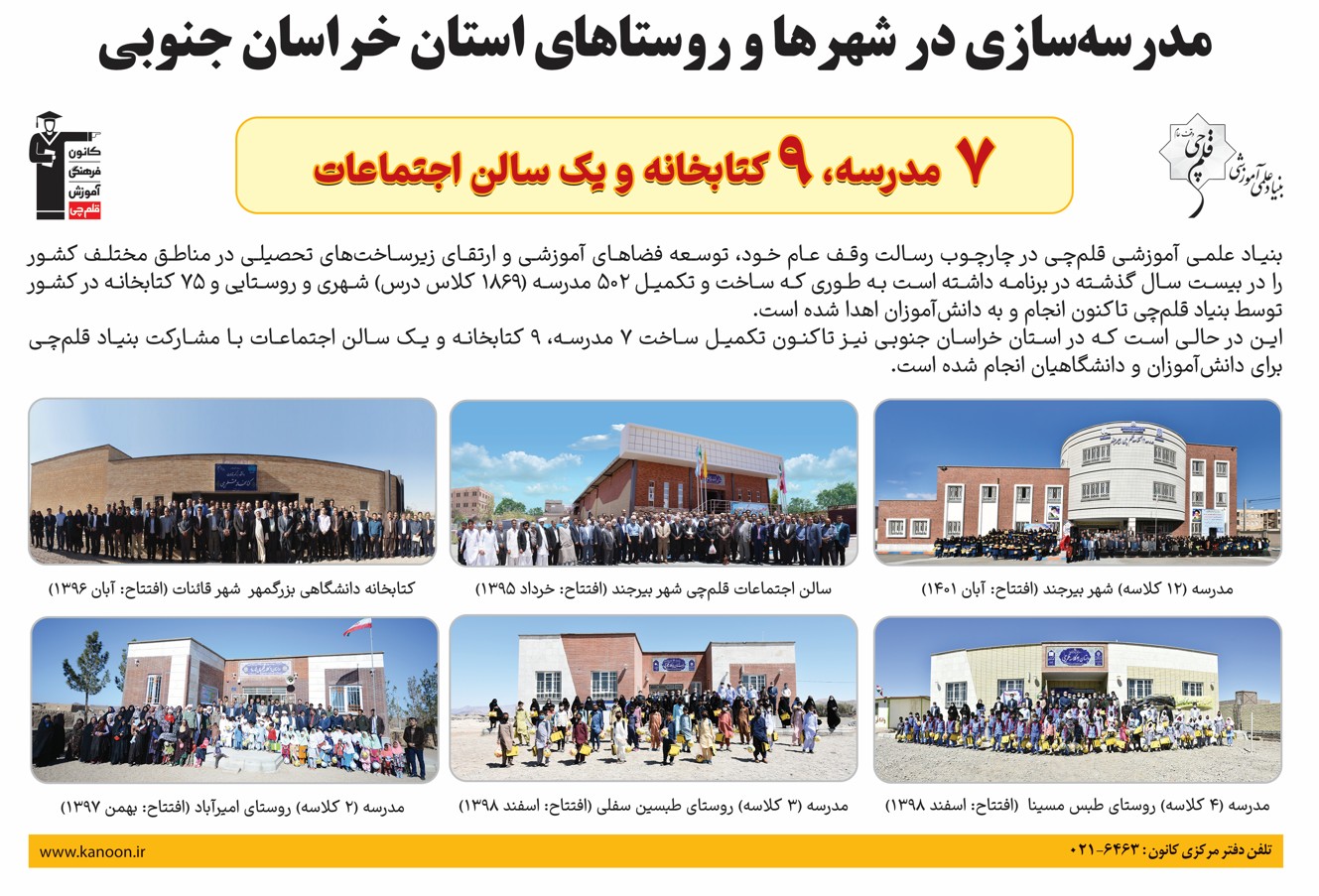 شنبه 23 خرداد افتتاح میشود: مدرسه 6 کلاسه بنیاد قلمچی در ارسک
