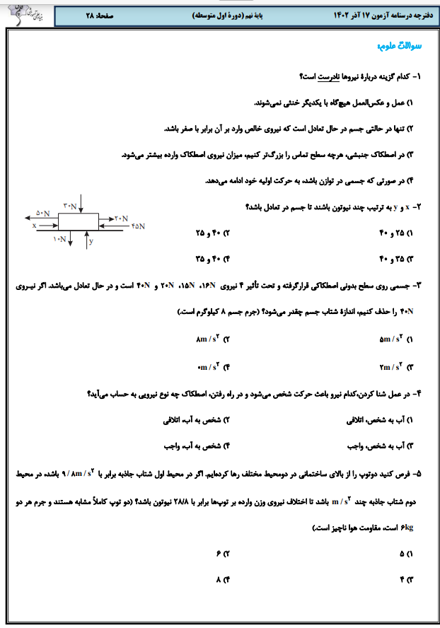 نیرو-علوم تجربی نهم-آزمونک-علی خداداگان و نازنین صدیقی
