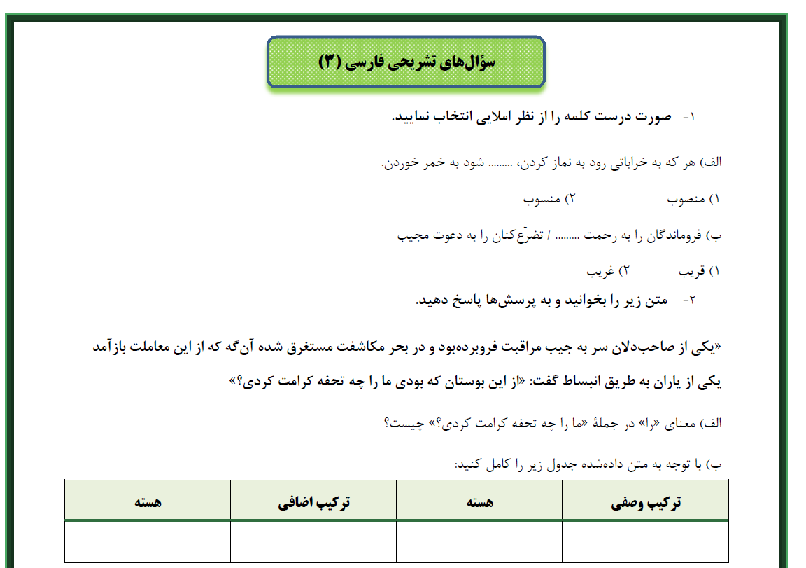 درس 1: شکر نعمت- فارسی دوازدهم- سؤالات تشریحی- رامیلا عسگری