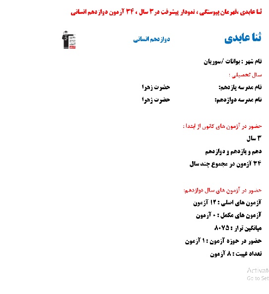 ثناعابدی ، قهرمان پیوستگی ،پیشرفت درسه سال و34 آزمون انسانی