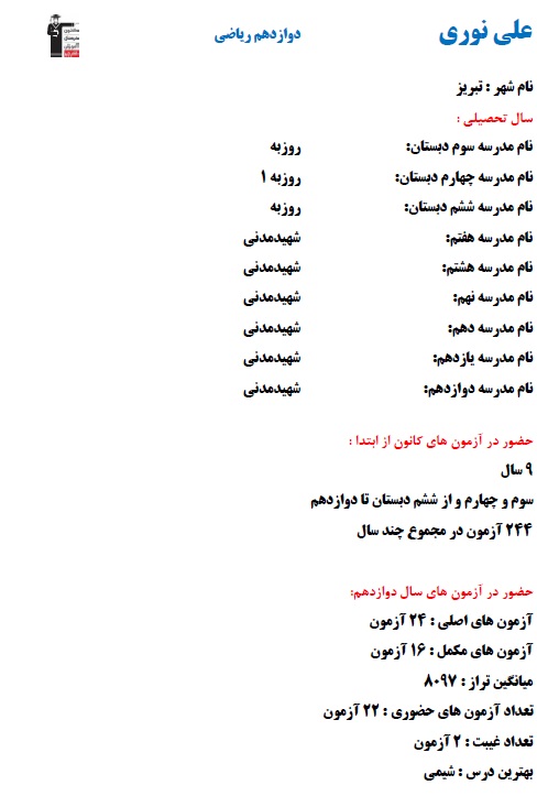 علی نوری ،قهرمان پیوستگی،نمودارپیشرفت در 9 سال،220 آزمون ریاضی