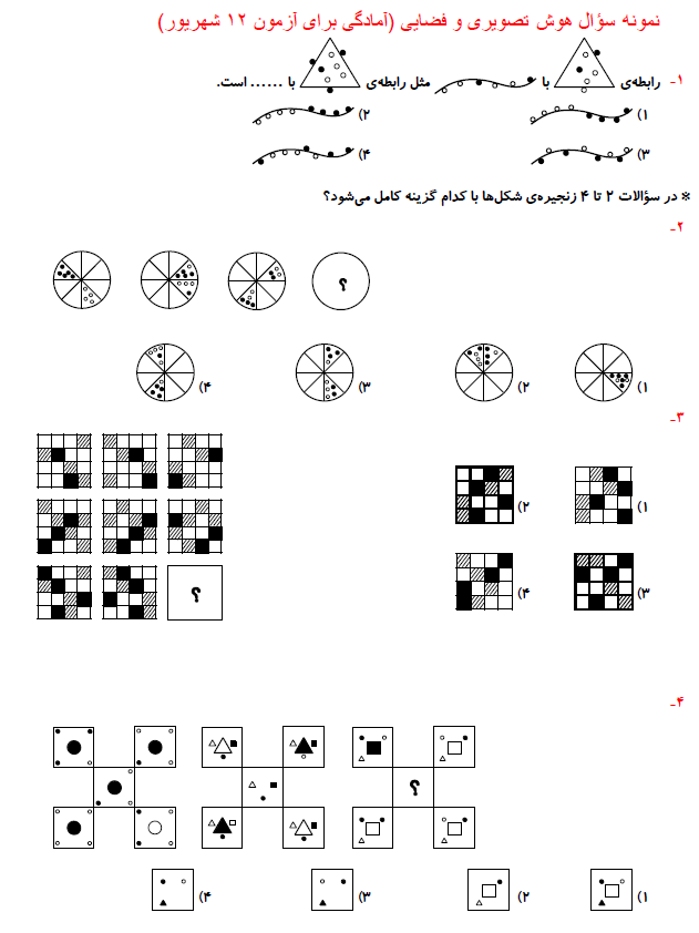 نمونه سوال هوش تصویری و فضایی(آمادگی برای آزمون 12 شهریور ششم)