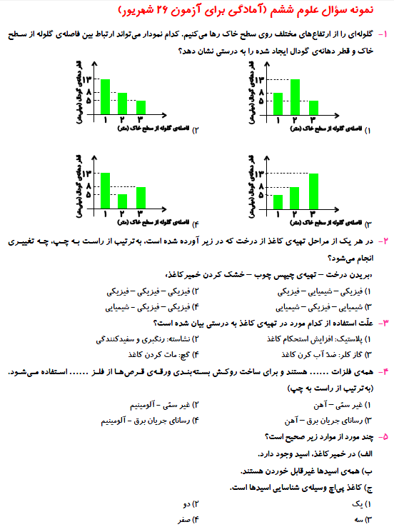 نمونه سوال علوم ششم (آمادگی برای آزمون 26 شهریور ششم دبستان)