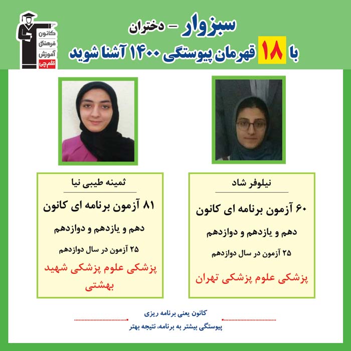 با 18نفر قهرمانان پیوستگی دختر سبزواردر کنکور 1400 آشنا شوید