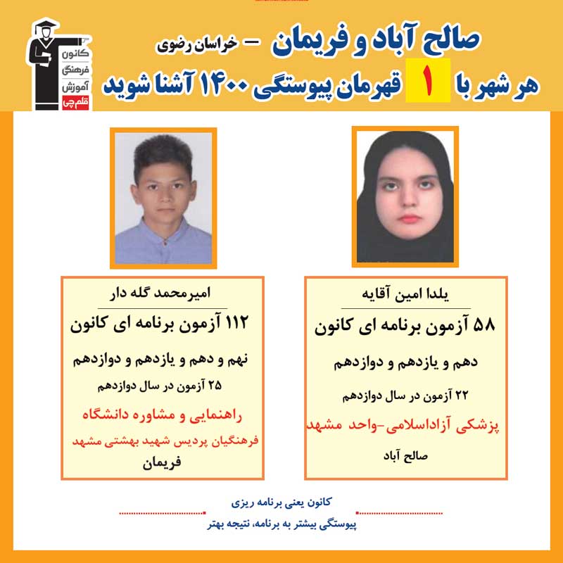 با2نفرقهرمانان پیوستگی فریمان و صالح آباد درکنکور1400آشنا شوید