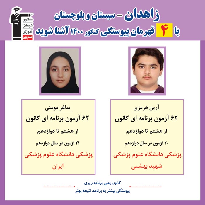 با 4 نفر قهرمانان پیوستگی زاهدان در کنکور 1400 آشنا شوید