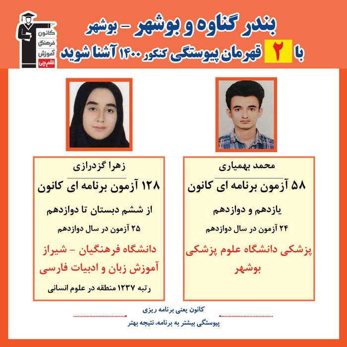 با 2نفر قهرمانان پیوستگی بوشهر و گناوه در کنکور 1400 آشنا شوید