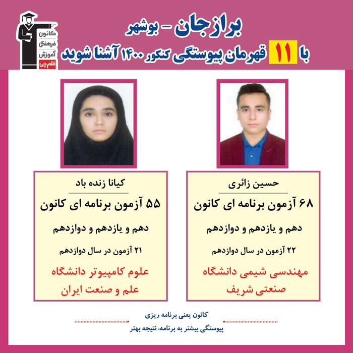 با 11 نفر قهرمانان پیوستگی برازجان در کنکور 1400 آشنا شوید