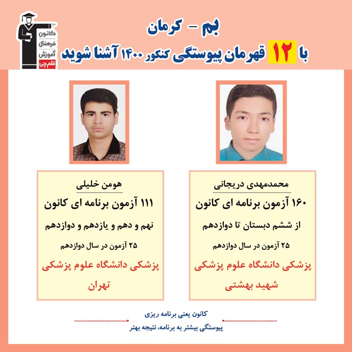 با 12 نفر قهرمانان پیوستگی بم در کنکور 1400 آشنا شوید
