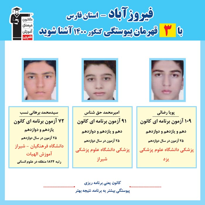 با 3 نفر قهرمانان پیوستگی فیروزآباد در کنکور 1400 آشنا شوید