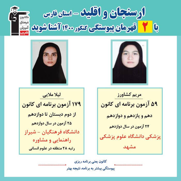 با 2 نفرقهرمانان پیوستگی ارسنجان و اقلیددر کنکور 1400 آشناشوید