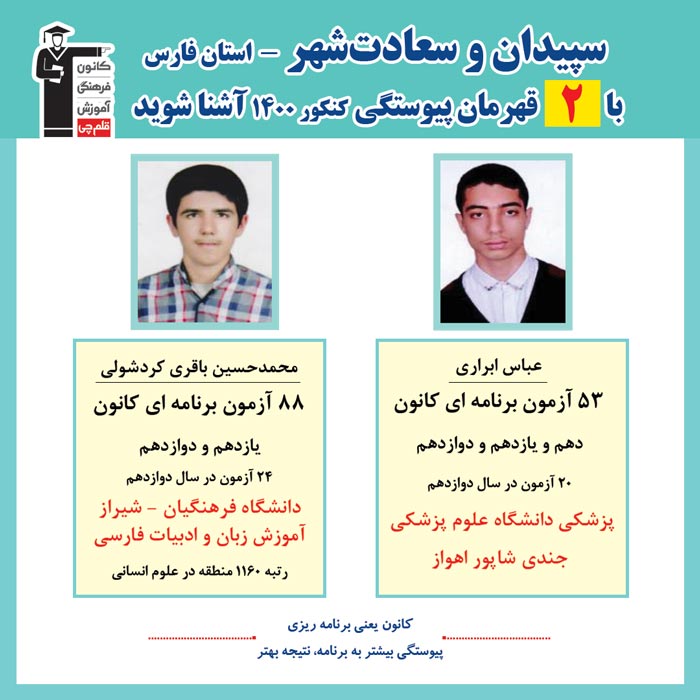 با2نفر قهرمانان پیوستگی سپیدان وسعادت شهردرکنکور1400 آشنا شوید