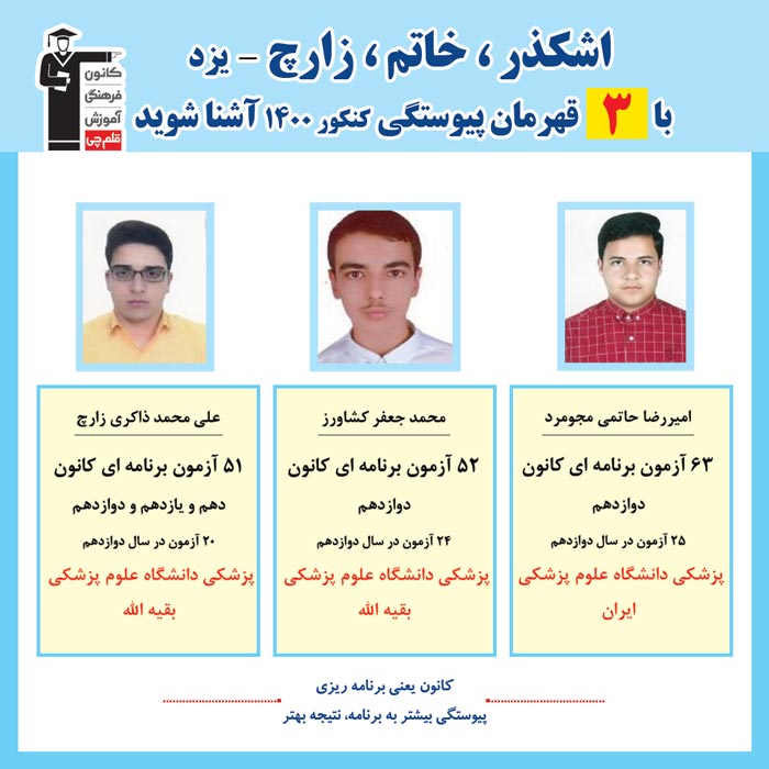 با 3نفرقهرمانان پیوستگی اشکذر،خاتم،زارچ در کنکور 1400آشنا شوید