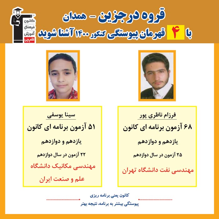 با 4 نفر قهرمانان پیوستگی قروه درجزین در کنکور 1400 آشنا شوید