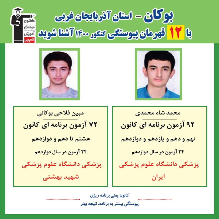 با 12 نفر قهرمانان پیوستگی بوکان درکنکور 1400 آشنا شوید