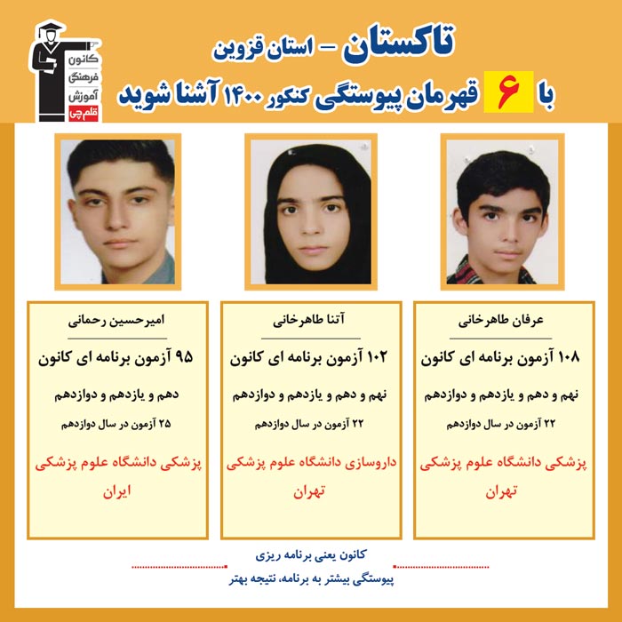 با 6 نفر قهرمانان پیوستگی تاکستان در کنکور 1400 آشنا شوید