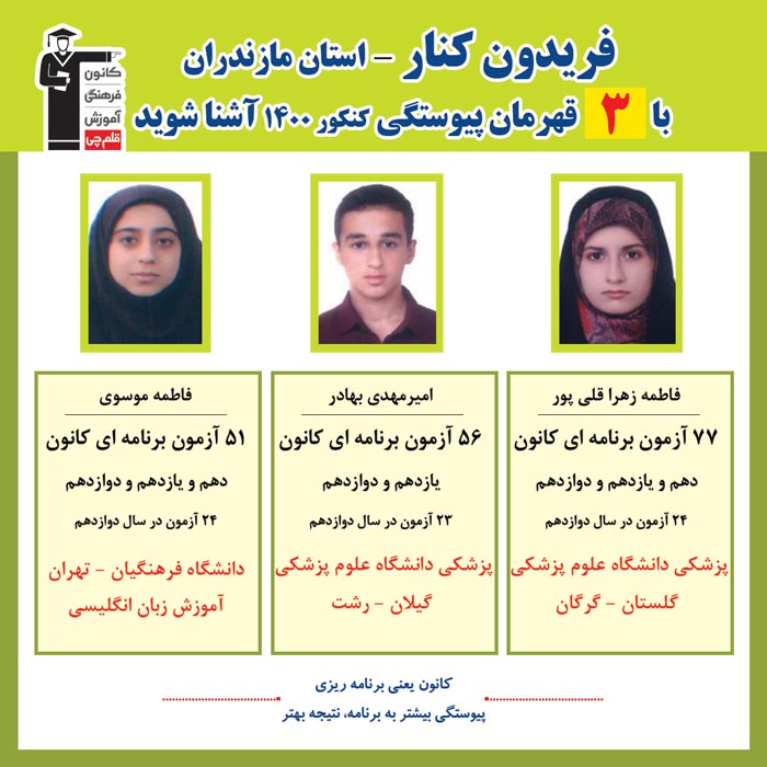 با 3 نفر قهرمانان پیوستگی فریدون کنار درکنکور 1400 آشنا شوید
