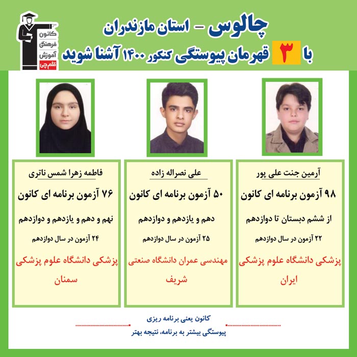 با 3 نفر قهرمانان پیوستگی چالوس درکنکور 1400 آشنا شوید