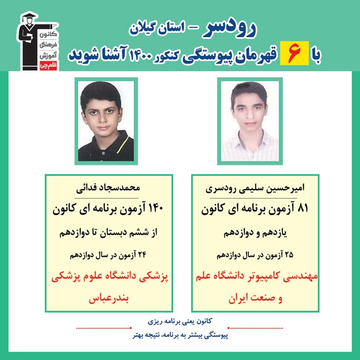 با 6 نفر قهرمانان پیوستگی رودسر درکنکور 1400 آشنا شوید