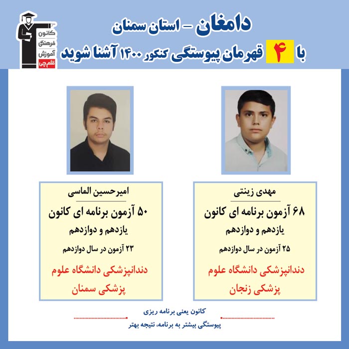 با 4 نفر قهرمانان پیوستگی دامغان درکنکور 1400 آشنا شوید