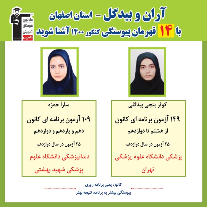 با 14 نفر قهرمانان پیوستگی آران و بیدگل درکنکور 1400 آشنا شوید