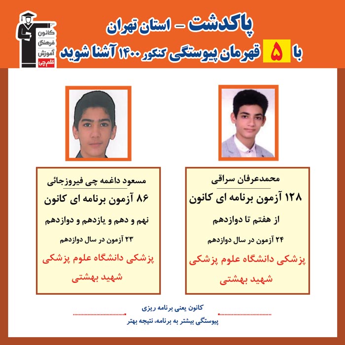 با 5 نفر قهرمانان پیوستگی پاکدشت درکنکور 1400 آشنا شوید