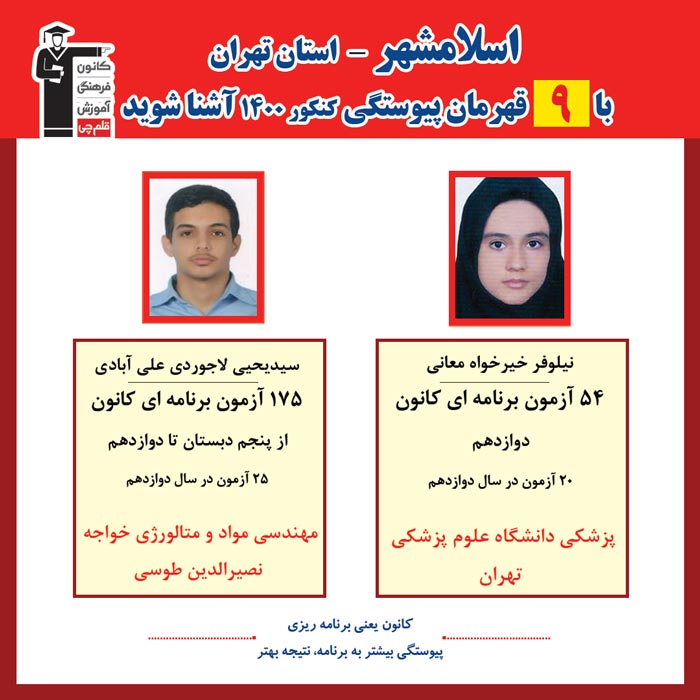 با 9 نفر قهرمانان پیوستگی اسلامشهر درکنکور 1400 آشنا شوید