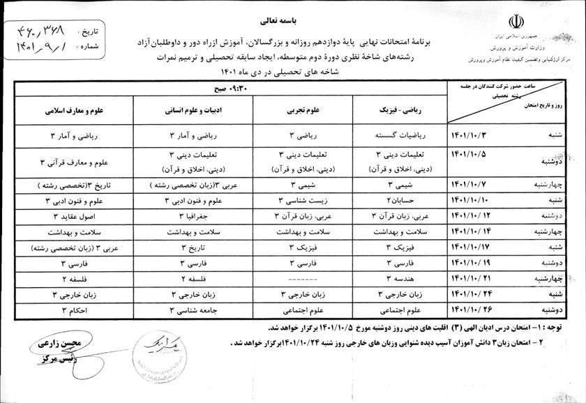 برنامه امتحانات نهایی دی ماه 1401