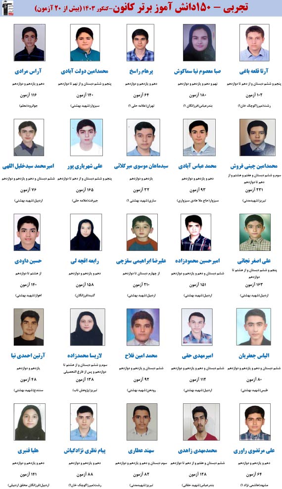 تجربی - 150دانش آموز برتر کانون-کنکور 1403 (بیش از 20 آزمون)