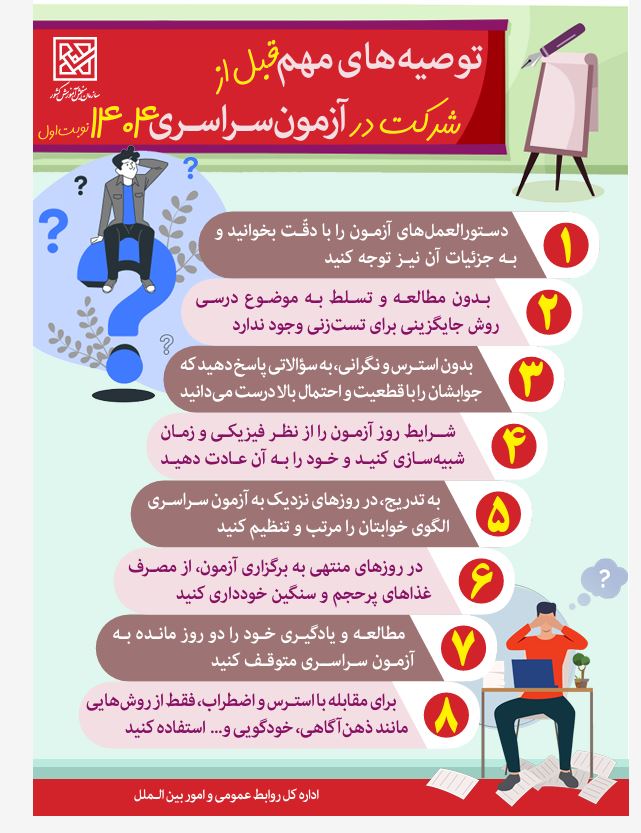 اینفوگرافیک توصیه‌های مهم قبل از شرکت در کنکور 1404 نوبت اول