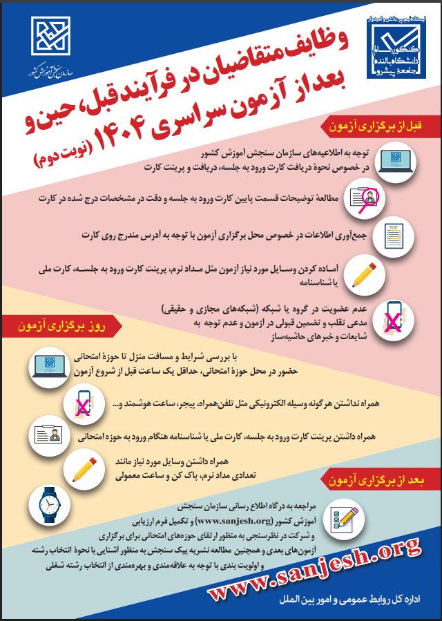 اینفوگرافیک وظایف متقاضیان قبل، حین و بعد از کنکور 1404 تیر
