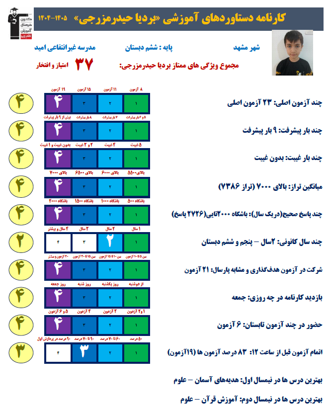 قهرمان پیوستگی، بردیا حیدر مزرجی پایه ششم از خراسان رضوی