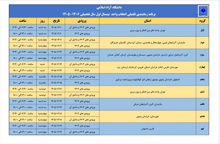 زمان‌بندی انتخاب واحد نیم‌سال اول دانشگاه آزاد اسلامی اعلام شد
