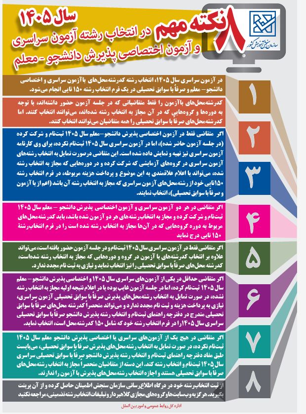 اینفوگرافیک 8 نکته مهم در  انتخاب رشته آزمون سراسری 1405
