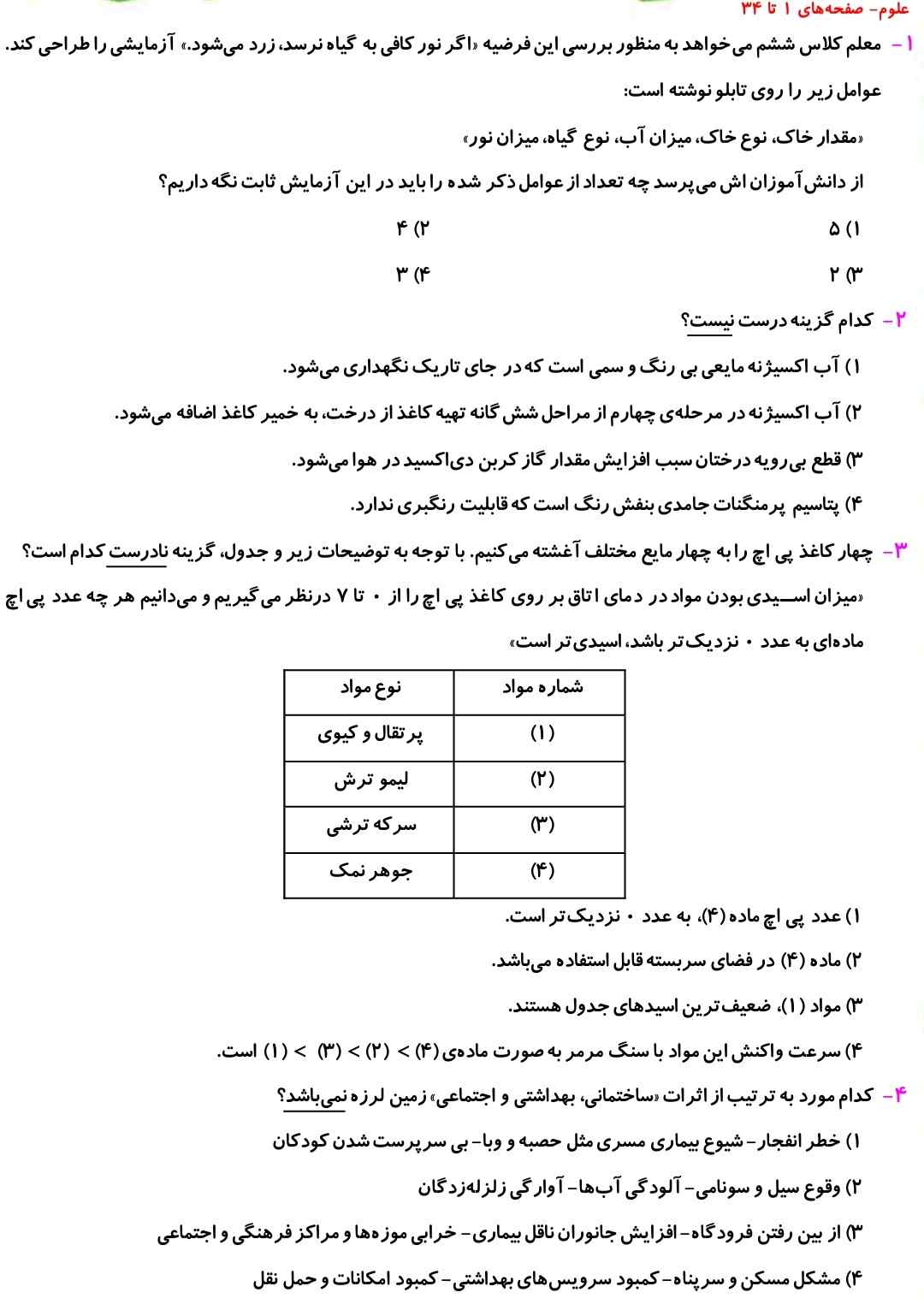 صفحه‌های 1 تا 34_نمونه سوال علوم ششم دبستان_فاطمه حلاجیان