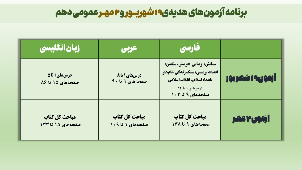 برنامه‌ی آزمون‌های هدیه 19 شهریور و 2 مهـر دروس عمومی دهـم